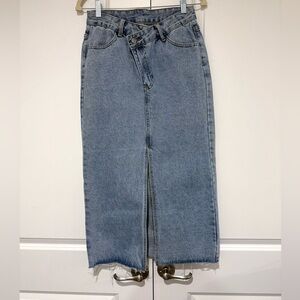 Classic Blue Denim Women's Jean Skirt with Fringe Bottom